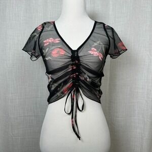 Sheer Mesh Floral Top *No Size* Fairy Grunge Ruched Dainty Whimsigoth Festival